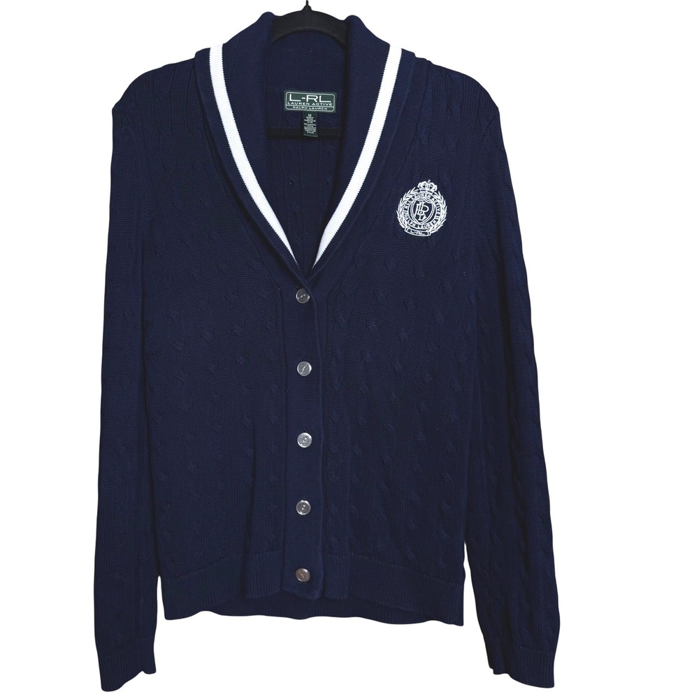 Ralph Lauren Navy Cable Knit Cardigan Sweater Women M Nautical Academia Prep EUC